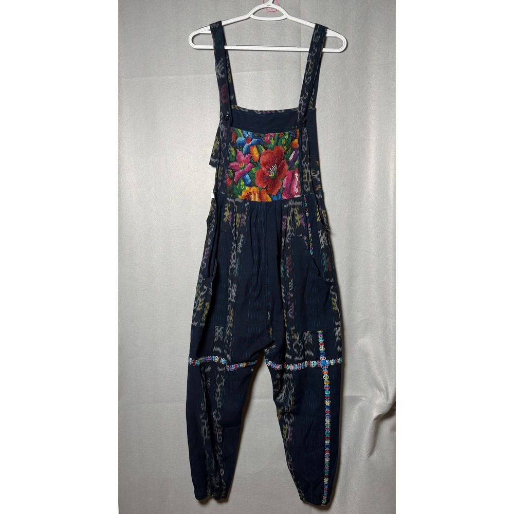 Guatemalan Artisan Ikat Overalls Navy Blue Floral Embroidered Small Jumpsuit